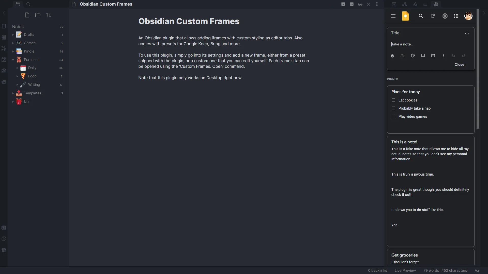 Custom Frames 把网页应用嵌为 Obsidian 面板